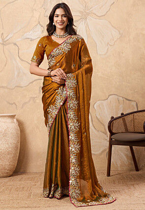 Embroidered Tissue Saree in Old Gold