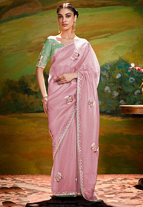Embroidered Tissue Saree in Pink