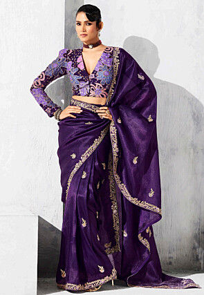 Embroidered Tissue Saree in Purple