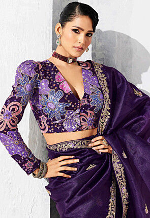 Embroidered Tissue Saree in Purple