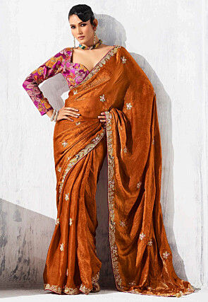 Embroidered Tissue Saree in Rust