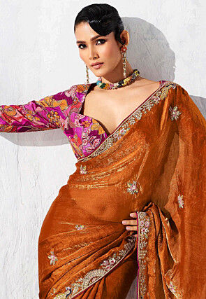 Embroidered Tissue Saree in Rust