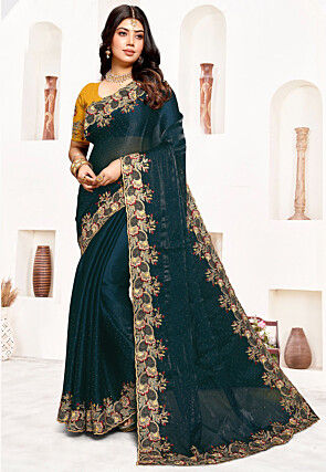 Embroidered Tissue Saree in Teal Blue
