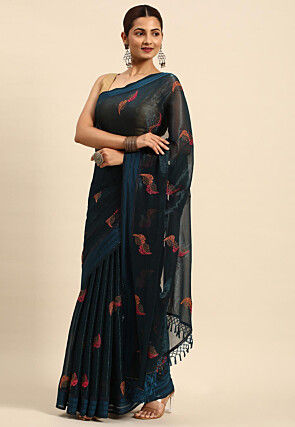 Embroidered Tissue Saree in Teal Blue
