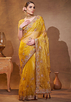 Embroidered Tissue Saree in Yellow
