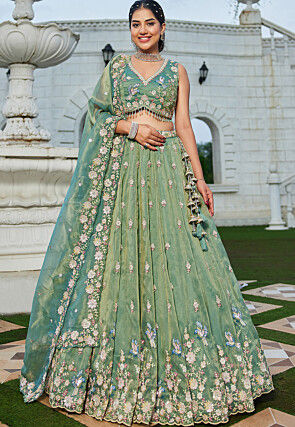 Embroidered Tissue Scalloped Lehenga in Green