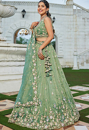 Embroidered Tissue Scalloped Lehenga in Green