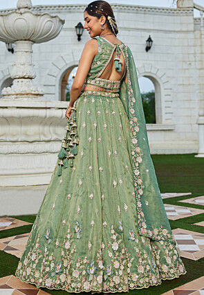 Embroidered Tissue Scalloped Lehenga in Green