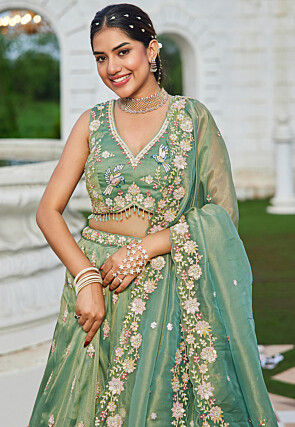 Embroidered Tissue Scalloped Lehenga in Green