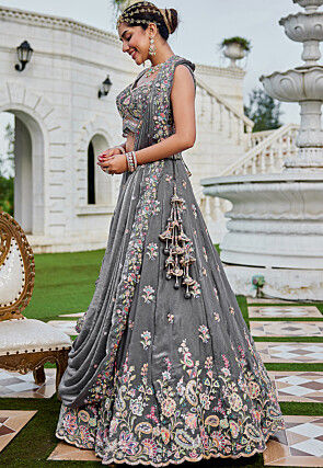 Embroidered Tissue Scalloped Lehenga in Grey