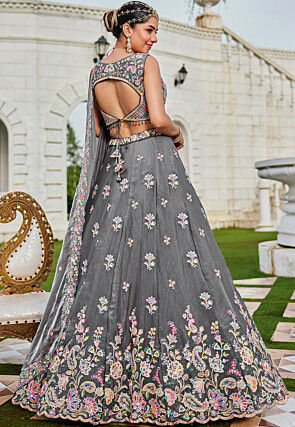 Embroidered Tissue Scalloped Lehenga in Grey