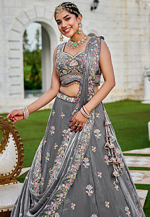 Embroidered Tissue Scalloped Lehenga in Grey