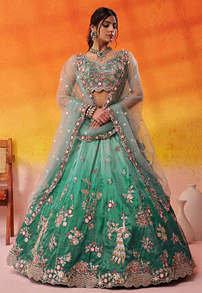 Embroidered Tissue Scalloped Lehenga in Ombre Green