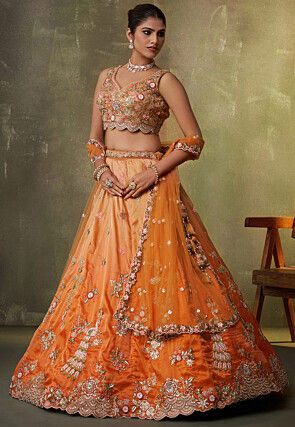 Embroidered Tissue Scalloped Lehenga in Ombre Orange