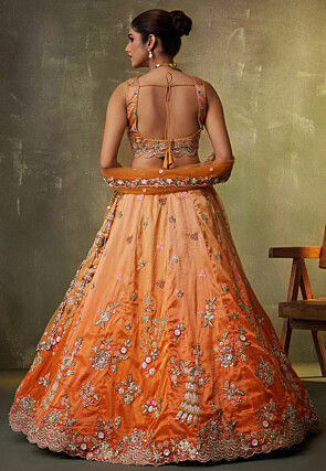Embroidered Tissue Scalloped Lehenga in Ombre Orange