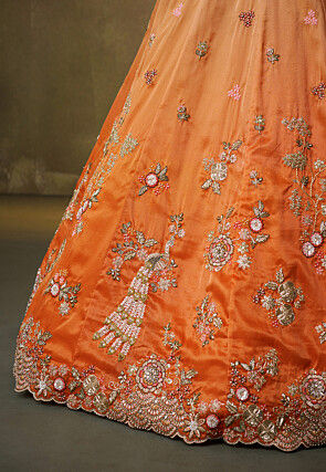 Embroidered Tissue Scalloped Lehenga in Ombre Orange