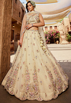 Embroidered Tissue Scalloped Lehenga in Pastel Yellow