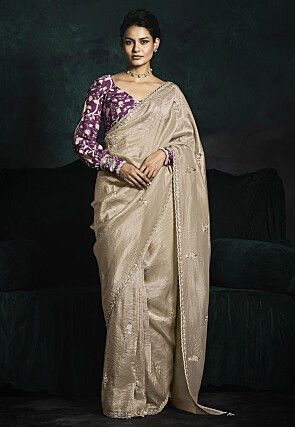 Embroidered Tissue Scalloped Saree in Cream