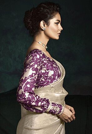 Embroidered Tissue Scalloped Saree in Cream