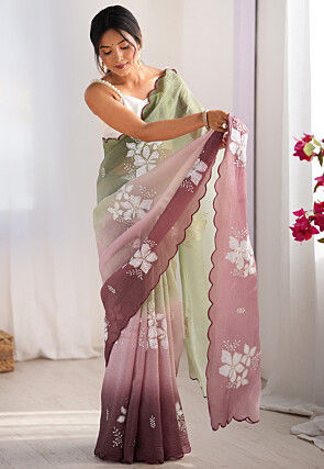 Embroidered Tissue Scalloped Saree in Dusty Green and Purple