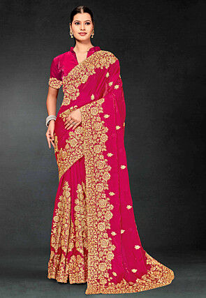 Embroidered Tissue Scalloped Saree in Fuchsia