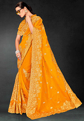 Embroidered Tissue Scalloped Saree in Mustard