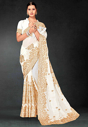 Embroidered Tissue Scalloped Saree in Off White