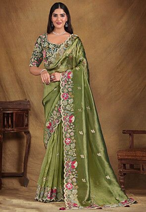 Embroidered Tissue Scalloped Saree in Olive Green