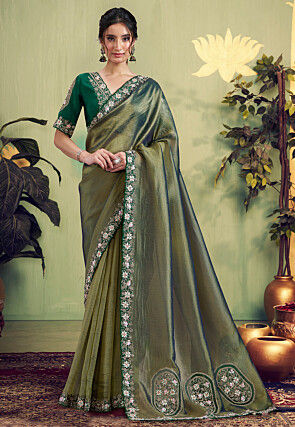 Embroidered Border Tissue Scalloped  Saree in Olive Green