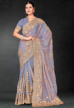 Embroidered Tissue Scalloped Saree in Pastel Blue
