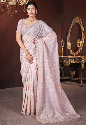 Embroidered Tissue Scalloped Saree in Pink