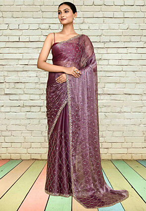 Embroidered Tissue Scalloped Saree in Purple