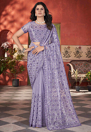 Embroidered Tissue Scalloped Saree in Purple