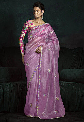 Embroidered Tissue Scalloped Saree in Purple