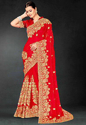 Embroidered Tissue Scalloped Saree in Red