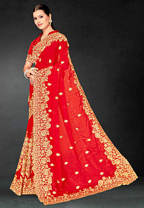 Embroidered Tissue Scalloped Saree in Red