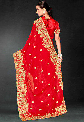 Embroidered Tissue Scalloped Saree in Red