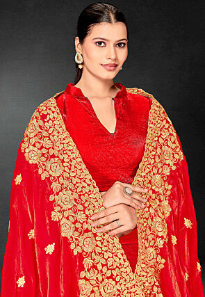 Embroidered Tissue Scalloped Saree in Red