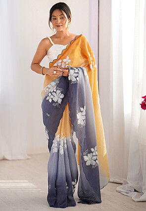 Embroidered Tissue Scalloped Saree in Shaded Yellow and Grey