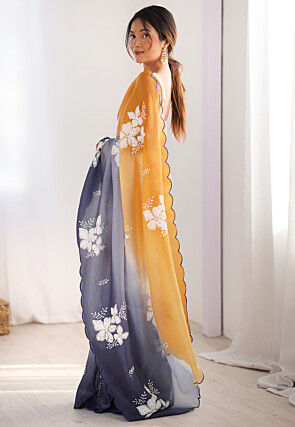 Embroidered Tissue Scalloped Saree in Shaded Yellow and Grey