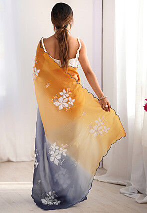 Embroidered Tissue Scalloped Saree in Shaded Yellow and Grey