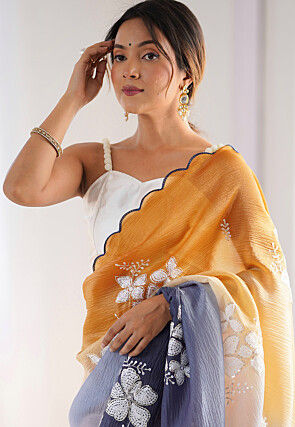 Embroidered Tissue Scalloped Saree in Shaded Yellow and Grey