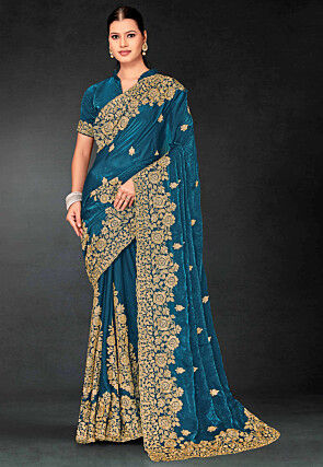 Embroidered Tissue Scalloped Saree in Teal Blue