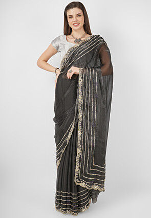 Embroidered Tissue Shimmer (Jimmy Choo) Saree in Charcoal Black
