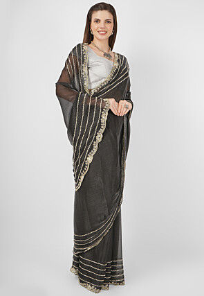 Embroidered Tissue Shimmer Saree in Charcoal Black