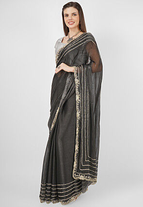 Embroidered Tissue Shimmer Saree in Charcoal Black