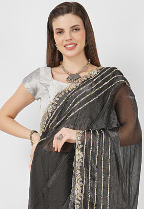 Embroidered Tissue Shimmer Saree in Charcoal Black