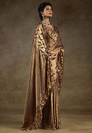 Embroidered Tissue Shimmer Scalloped Saree in Copper