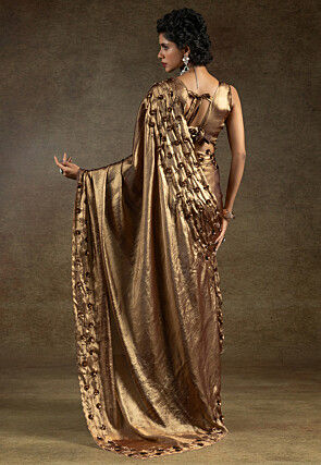 Embroidered Tissue Shimmer Scalloped Saree in Copper