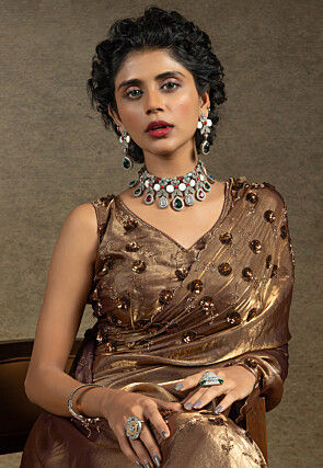 Embroidered Tissue Shimmer Scalloped Saree in Copper